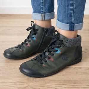 Rieker Green Leather Wool Lined Ankle Boots EU 38 / US 7–7.5 Comfort Lace Up